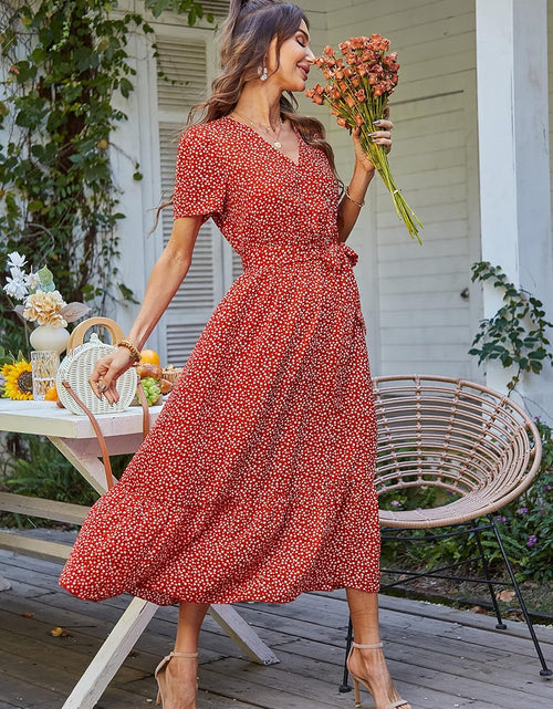 Load image into Gallery viewer, Women'S Summer Floral Boho Maxi Dress Short Sleeve Wrap V Neck Ruffle Long Flowy Beach Wedding Guest Dresses
