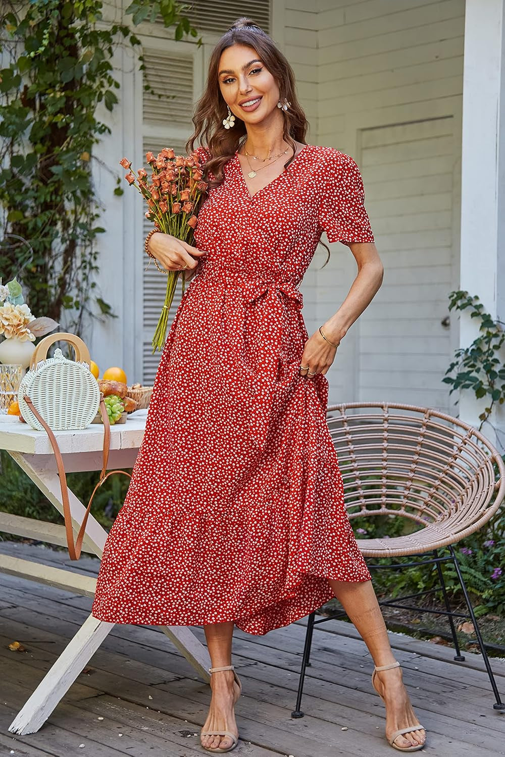 Women'S Summer Floral Boho Maxi Dress Short Sleeve Wrap V Neck Ruffle Long Flowy Beach Wedding Guest Dresses