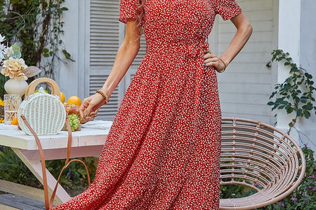Women'S Summer Floral Boho Maxi Dress Short Sleeve Wrap V Neck Ruffle Long Flowy Beach Wedding Guest Dresses