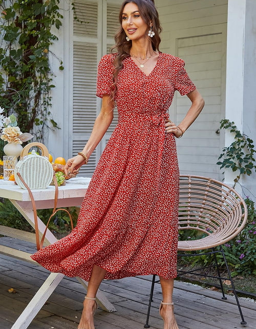 Load image into Gallery viewer, Women'S Summer Floral Boho Maxi Dress Short Sleeve Wrap V Neck Ruffle Long Flowy Beach Wedding Guest Dresses
