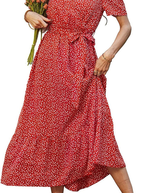Load image into Gallery viewer, Women'S Summer Floral Boho Maxi Dress Short Sleeve Wrap V Neck Ruffle Long Flowy Beach Wedding Guest Dresses
