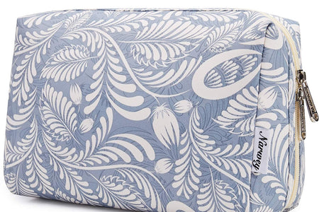 Large Makeup Bag Zipper Pouch Travel Cosmetic Organizer for Women (Large, Blue Leaf)