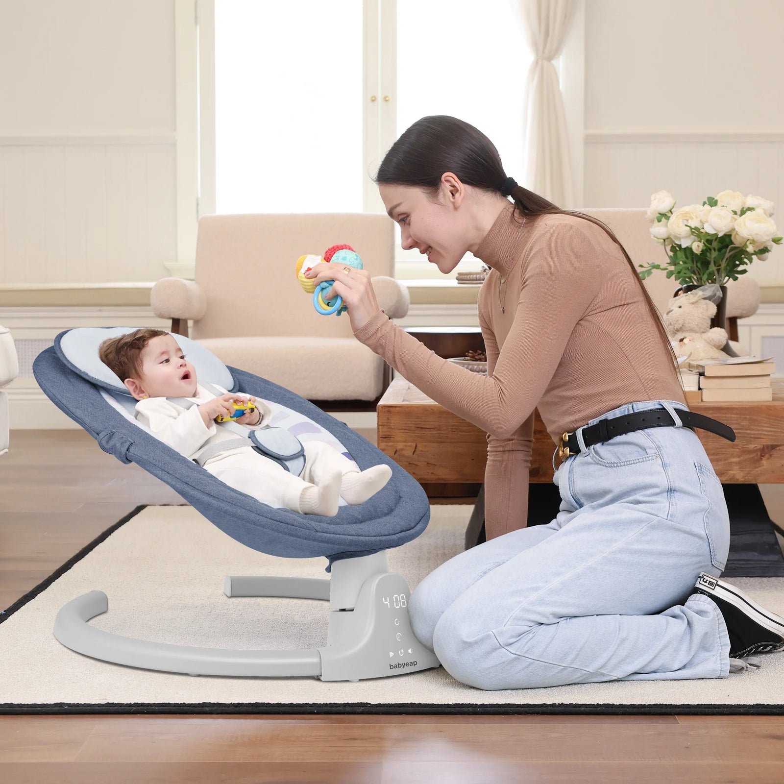 Baby Swing for Infants - APP Remote Bluetooth Control, 5 Speed Settings, 10 Lullabies, USB Plug (Blue)